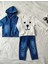 9-12-18-24 Ay Kot Kumaş Kapşonlu Uzun Kol Sweatli Kot Kumaş 3lü Erkek Bebek Takımı Mavi 3