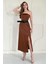 Straplez Saten Elbise - Taba 1
