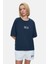 Manuela Lacivert Bisiklet Yaka Tshirt Nakışlı Loose Fit Kadın Tshirt 1