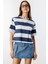 Boxy Fit Bisiklet Yaka Çizgili Basic Kısa Kollu Tişört Crop-Çizgili 3