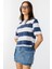 Boxy Fit Bisiklet Yaka Çizgili Basic Kısa Kollu Tişört Crop-Çizgili 4