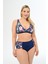 Kadın Lacivert Desen Büyük Beden Yüksek Bel Kelebek Bikini Takımı 3