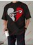 Minimal Çengeli Kalp Baskılı Oversize Yıkamalı Tshirt Siyah 3