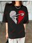 Minimal Çengeli Kalp Baskılı Oversize Yıkamalı Tshirt Siyah 5