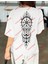 Geometrik Desen Baskılı Oversize Unisex Yıkamalı Tshirt Beyaz 3