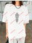 Geometrik Desen Baskılı Oversize Unisex Yıkamalı Tshirt Beyaz 4
