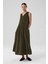 Haki Eteği Pileli Kolsuz Uzun Elbise 1