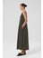 Haki Eteği Pileli Kolsuz Uzun Elbise 4