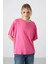 Drappe Bisiklet Yaka Basic T-Shirt - Fuşya 1