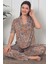 Kısa Kollu Kahverengi Desenli Önden Düğmeli Kısa Kol Kadın Pijama Takımı 1