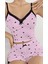 Kadın Pembe Kalp Desenli Askılı Şortlu Pijama Takım 2