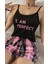 Kadın Siyah Kare Desenli Askılı Şortlu Pijama Takım 2