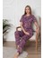 Kadın Çiçek Desen Bisiklet Yaka 3 Düğmeli Kısa Kol Cepli Pijama Takımı 4