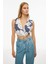 Alyas Regular Fit Çiçek Desenli Crop Boy Kruvaze Beyaz Indigo Renk Kadın Bluz 3