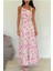 Pembe Önü Büzgülü Çiçekli Uzun Elbise MG2363 1