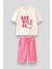 Kız Çocuk Pamuklu Ekru Bunnies Desenli T-Shirt ve Pembe Çizgili Bermuda Takım - Mavi Fiyonklu Tavşan Baskılı 1