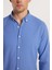 Erkek Slim Fit Dar Kesim %100 Pamuk Keten Doku Düğmeli Yaka Koyu Mavi Gömlek 3
