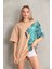 Bisiklet Yaka Baskılı Oversize T-Shirt - Bej 4