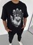 Bisiklet Yaka Baskılı Oversize T-Shirt - Siyah 1