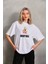 Bisiklet Yaka Baskılı Oversize T-Shirt - Beyaz 1