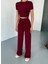 Osy Modal Yumuşak Dokulu Kumaş Kısa Kollu Crop Rahat Pantalon Ikili Takım - Bordo 3