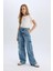 Kız Çocuk Wide Leg Kargo Geniş Bol Paça Pamuklu Jean Pantolon D7089a825sp 5