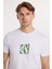 Erkek Slim Fit Dar Kesim %100 Pamuk Yumuşak Dokulu Baskılı Beyaz Bisiklet Yaka Tişört 2