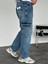 Erkek Baggy Fit Kargo Cepli Jean Kot Pantolon Mavi 3