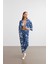 Kadın Mavi-Beyaz Desenli Kimono Gömlek Pantolon Takım 5