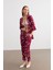Kadın Bordo Desenli Kimono Gömlek Pantolon Takım 1