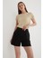 Yüksek Bel Rahat Pileli Keten Şort Siyah 5