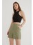 Yüksek Bel Rahat Pileli Keten Şort Haki 4