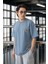 Cep Baskılı Iki Iplik Kumaş Pamuklu Oversize Erkek T-Shirt - Soğuk Mavi 1
