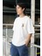 Cep Baskılı Iki Iplik Kumaş Pamuklu Oversize Erkek T-Shirt - Ekru 3