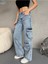 Kadın Yüksek Bel Özel Tasarım Cepli Straight Fit kargo jean 2