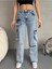 Kadın Yüksek Bel Özel Tasarım Cepli Straight Fit kargo jean 3