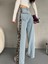 Açık Mavi Leopar Desenli Yanı Şeritli Yüksek Bel Wide leg jean 3