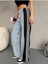Açık Mavi Leopar Desenli Yanı Şeritli Yüksek Bel Wide leg jean 2