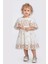 Kısa Volan Kollu Çiçek Nakışlı Kız Çocuk Brode Elbise - Ekru Bej 1