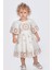 Kısa Volan Kollu Çiçek Nakışlı Kız Çocuk Brode Elbise - Ekru Bej 3