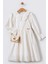Fisto Yakalı Çantalı Uzun Kollu Kız Çocuk Brode Elbise - Ekru 1