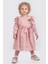 Çiçek Broşlu Kurdeleli Uzun Kollu Kız Çocuk Brode Elbise - Pudra 3