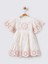 Kısa Volan Kollu Çiçek Nakışlı Kız Çocuk Brode Elbise - Ekru Pembe 1