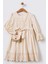 Şerit Fistolu Uzun Kollu Kız Çocuk Brode Elbise - Bej 1