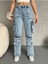 Kadın Yüksek Bel Çok Cepli Özel Tasarım Straight Fit kargo jean 3