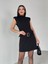 ELB-01750 Siyah Vatkalı Kemerli Dik Yaka Mini Elbise 1