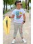 Erkek Çocuk Kaplan Detaylı T-Shirt Sırt Baskılı Kolsuz Sarı Jean Ceket Kargo Cepli Alt Üst Takım 3