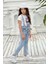 Kız Çocuk Üzeri Digital Baskılı T-Shirt Yırtmaç ve Kedi Detaylı Mavi Jean Salopet Takım 2