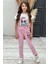 Kız Çocuk Üzeri Digital Baskılı T-Shirt Yırtmaç ve Kedi Detaylı Pembe Jean Salopet Takım 3