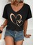 Kadın V Yaka Beyaz Siyah T-Shirt Baskılı Oversize Salaş 1